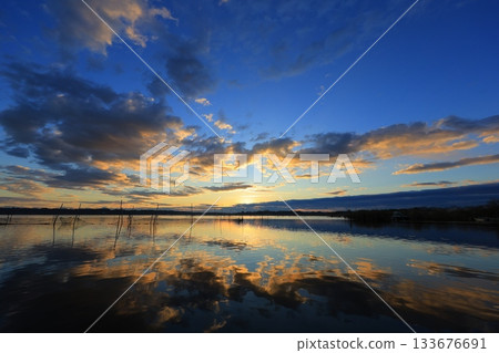 朝日反映在水面上 朝日反映在水面上 133676691
