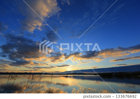 朝日反映在水面上 朝日反映在水面上 133676692