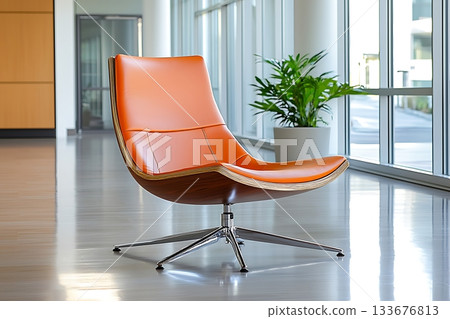 Modern Orange Lounge Chair in Contemporary Space with Natural Light and Green Plant 133676813