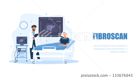 Fibroscan concept. Abdominal ultrasound procedure. Radiologist scanning patients liver for fatty disease, cirrhosis or cancer detection. Vector illustration in flat cartoon style Fibroscan concept. Abdominal ultrasound procedure. Radiologist scanning patients liver for fatty disease, cirrhosis or cancer detection. Vector illustration in flat cartoon style 133676843