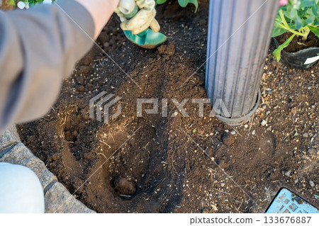 A housewife digging soil in a small flower bed under a mailbox 133676887