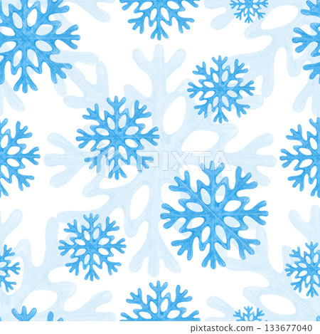 Seamless pattern with blue snowflakes on an isolated background. Drawing with colored pencils. Pencil drawing with openwork snowflakes for winter themes and festive decorations. 133677040