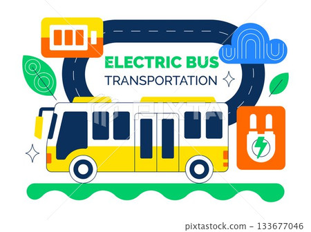 Electric Bus Transportation Illustration Featuring an Electric City Bus Charging at a Power Station with an Environmentally Friendly Public Vehicle Electric Bus Transportation Illustration Featuring an Electric City Bus Charging at a Power Station with an Environmentally Friendly Public Vehicle 133677046