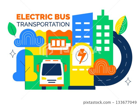 Electric Bus Transportation Illustration Featuring an Electric City Bus Charging at a Power Station with an Environmentally Friendly Public Vehicle Electric Bus Transportation Illustration Featuring an Electric City Bus Charging at a Power Station with an Environmentally Friendly Public Vehicle 133677049