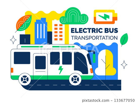 Electric Bus Transportation Illustration Featuring an Electric City Bus Charging at a Power Station with an Environmentally Friendly Public Vehicle 133677050