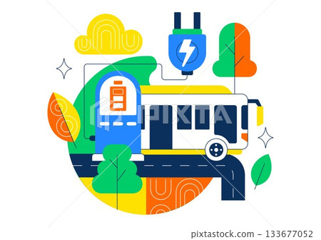 Electric Bus Transportation Illustration Featuring an Electric City Bus Charging at a Power Station with an Environmentally Friendly Public Vehicle Electric Bus Transportation Illustration Featuring an Electric City Bus Charging at a Power Station with an Environmentally Friendly Public Vehicle 133677052