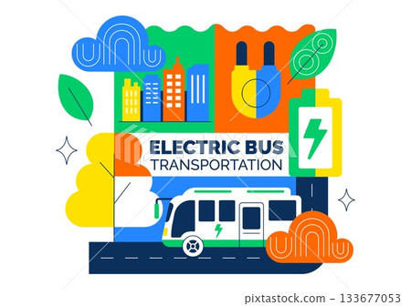 Electric Bus Transportation Illustration Featuring an Electric City Bus Charging at a Power Station with an Environmentally Friendly Public Vehicle Electric Bus Transportation Illustration Featuring an Electric City Bus Charging at a Power Station with an Environmentally Friendly Public Vehicle 133677053