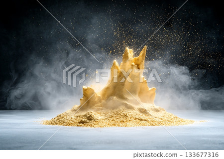 Golden Powder Erupting with Dust in Dramatic Lighting Against a Dark Background Golden Powder Erupting with Dust in Dramatic Lighting Against a Dark Background 133677316