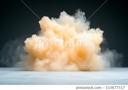 Yellow Smoke Explosion on Dark Background Creating Dramatic Visual Effects in Studio Environment Yellow Smoke Explosion on Dark Background Creating Dramatic Visual Effects in Studio Environment 133677317