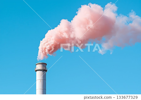 Factory chimney emitting pink smoke against a clear blue sky creating environmental concerns Factory chimney emitting pink smoke against a clear blue sky creating environmental concerns 133677329