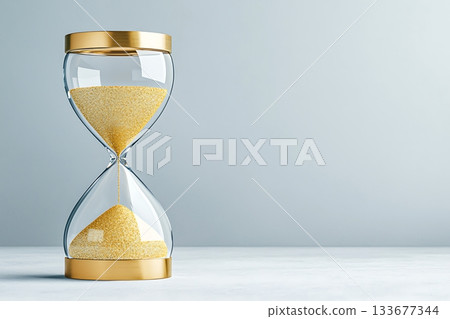 Elegant glass hourglass with golden accents displaying sandy grains on a light backdrop Elegant glass hourglass with golden accents displaying sandy grains on a light backdrop 133677344