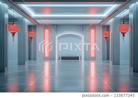 Modern Art Gallery with Neon Lights and Red Lanterns in Minimalist Design Space Modern Art Gallery with Neon Lights and Red Lanterns in Minimalist Design Space 133677345