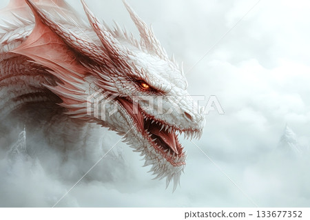 Majestic White Dragon Emerging from Clouds with Fiery Eyes and Intricate Scales Majestic White Dragon Emerging from Clouds with Fiery Eyes and Intricate Scales 133677352