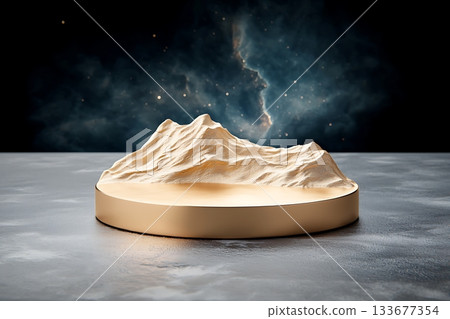Abstract representation of mountain landscape on a minimalist pedestal with cosmic background 133677354