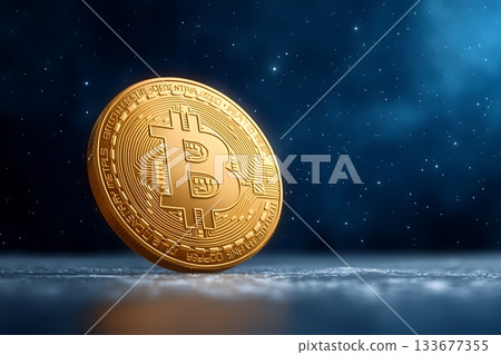 Golden Bitcoin Coin on Sparkling Surface with Stars in Background Displaying Cryptocurrency Concept Golden Bitcoin Coin on Sparkling Surface with Stars in Background Displaying Cryptocurrency Concept 133677355