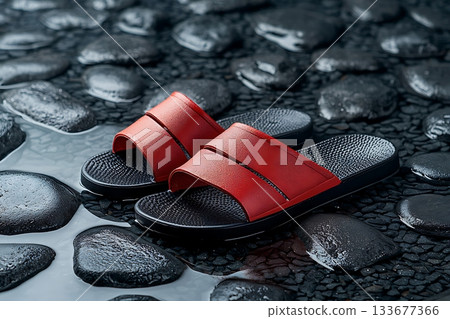 Stylish Red Slide Sandals on Wet Pebble Surface with Reflections of Modern Design Stylish Red Slide Sandals on Wet Pebble Surface with Reflections of Modern Design 133677366