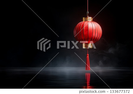 Elegant Red Lantern Hanging in Dark Atmosphere with Reflection on Water Surface Elegant Red Lantern Hanging in Dark Atmosphere with Reflection on Water Surface 133677372