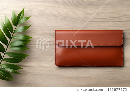 Stylish Brown Leather Envelope on Wooden Surface with Green Leaf Accent Stylish Brown Leather Envelope on Wooden Surface with Green Leaf Accent 133677373