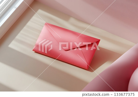 Elegant pink envelope on a minimalistic background with soft shadows and natural light 133677375