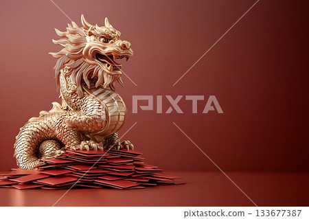 Ornate Dragon Sculpture Displayed on Pile of Red Coins Against a Red Background Ornate Dragon Sculpture Displayed on Pile of Red Coins Against a Red Background 133677387