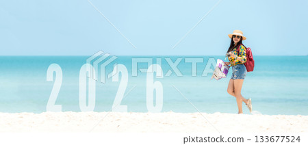 Asian young woman happy  jumping congratulation and celebrate in Happy New year 2026  133677524