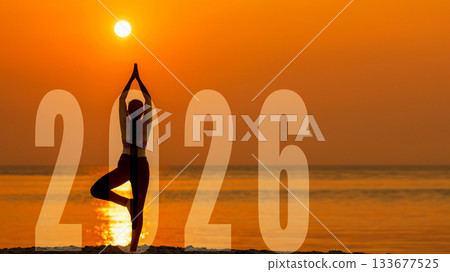 Happy new year card 2026. Silhouette lifestyle woman yoga practicing yoga standing as part of Number 2026  133677525