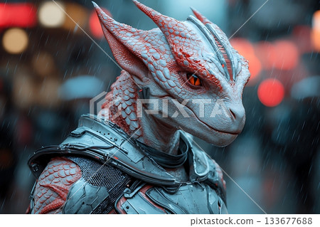 Futuristic Dragon Creature in Sci-Fi Armor Stands in Rainy Urban Environment 133677688