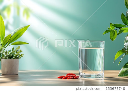 Fresh Water Glass with Green Leaves and Goji Berries on a Wooden Table in Bright Room 133677748