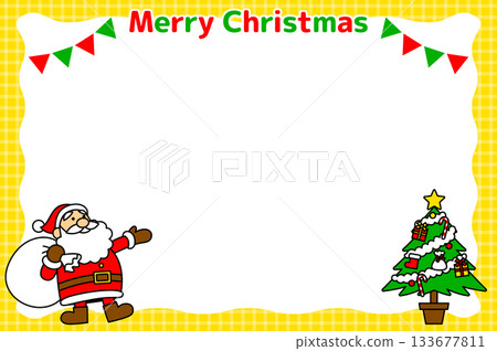 可愛的聖誕相框(聖誕老人和聖誕樹,黃色格子,長方形) 可愛的聖誕相框(聖誕老人和聖誕樹,黃色格子,長方形) 133677811