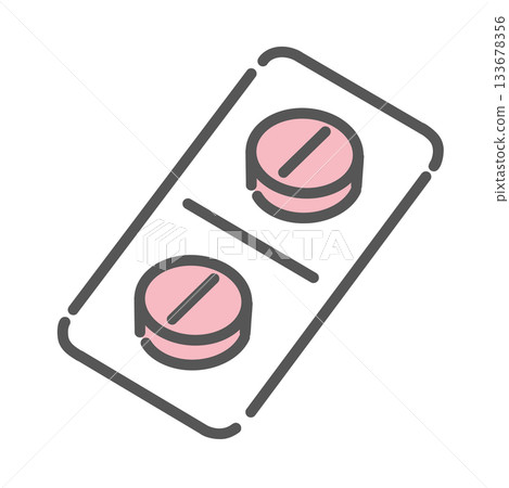 Illustration of a pill sheet for menstrual pain medication (painkillers): PMS, drug treatment, health management 133678356