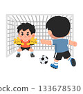 Cartoon Soccer Player Kicking Ball at Goalie 133678530