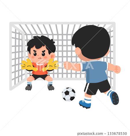 Cartoon Soccer Player Kicking Ball at Goalie Cartoon Soccer Player Kicking Ball at Goalie 133678530