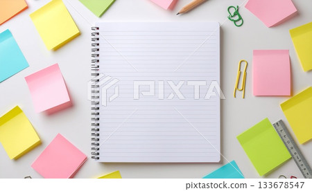 Stationery lined up on a desk, overhead view background material for side job work 133678547