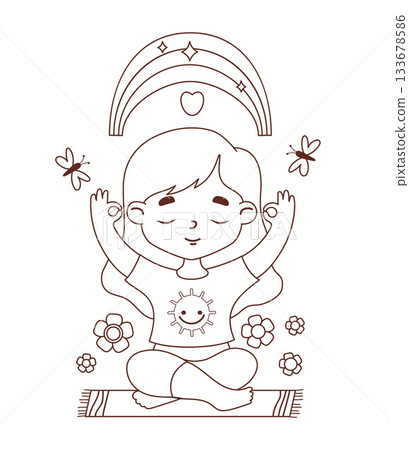 Kids Yoga. Cute Girl Meditating. Outline Character Yogi sitting under Rainbow with Flowers and Butterflies. Mental Health, Sport and Hobby. Line drawing, coloring book. Vector illustration. Not AI 133678586