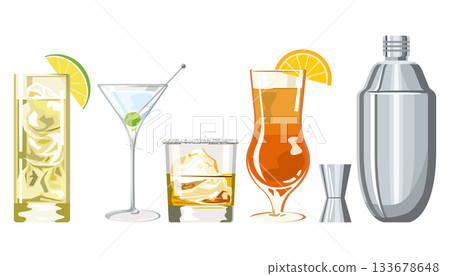 Illustration of various cocktails and shakers Illustration of various cocktails and shakers 133678648
