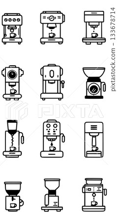 A grid of simple, black-and-white line icons featuring various types of coffee and espresso machines, along with coffee grinders. The minimalist design clearly illustrates different appliances  133678714