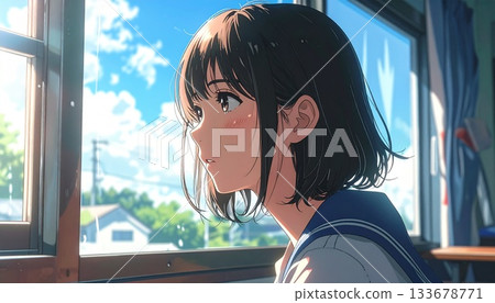 Anime-style illustration of a Japanese female student looking out the window in a classroom during the day Anime-style illustration of a Japanese female student looking out the window in a classroom during the day 133678771