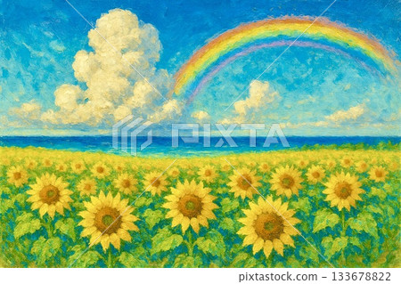 向日葵田,藍天,積雨雲,大海,彩虹,油畫 向日葵田,藍天,積雨雲,大海,彩虹,油畫 133678822