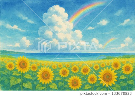 向日葵田，藍天，積雨雲，大海，彩虹，水彩畫 133678823