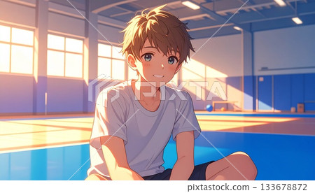 動漫風格的畫面，男生們在社團活動結束後在體育館休息。 133678872