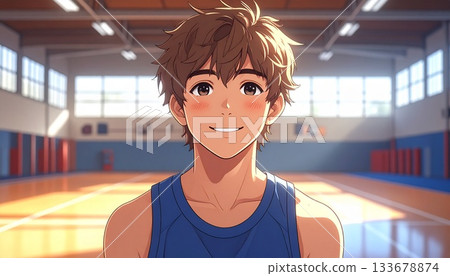 Anime-style, boys resting in the gym after club activities 133678874