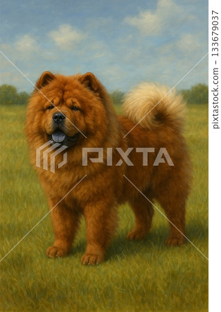 A realistic illustration of a Chow Chow standing majestically in the grassland 133679037
