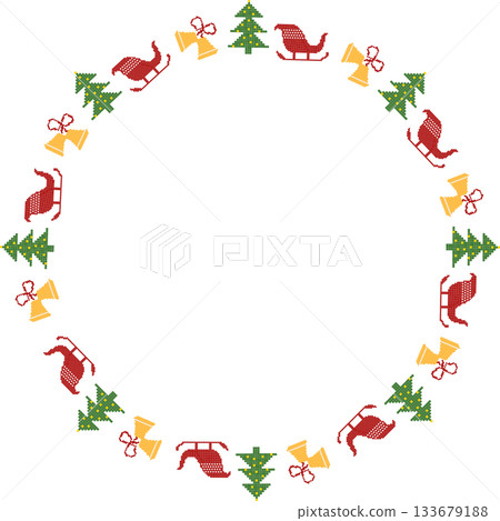 festive pixel art cross-stitch Christmas elements,round frames wreaths borders with pine trees, bells, sleighs, Ideal for retro holiday greetings, packaging, greeting cards 133679188