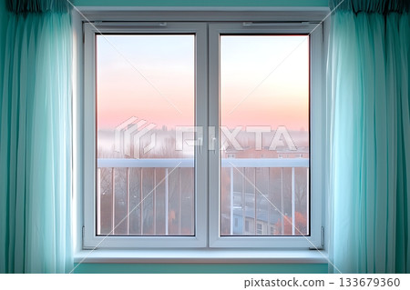 Beautiful View of Foggy Cityscape at Dawn from a Modern Window with Turquoise Curtains 133679360