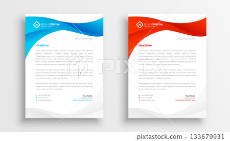 wavy style blue and red official letterhead template in set of two 133679931