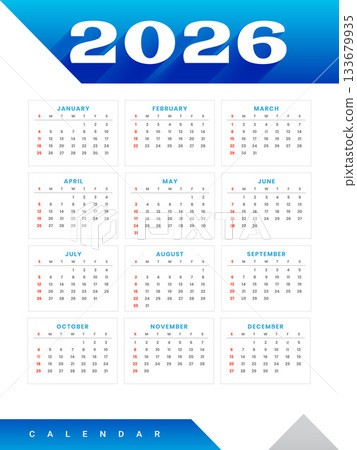 white blue 2026 calendar layout in business style 133679935