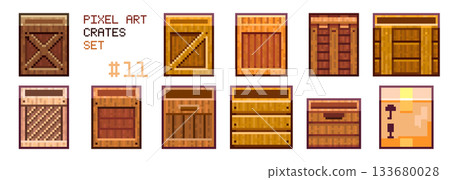 Pixel Art Wooden Crates Set. Retro 8bit Game Loot Boxes and Shipping Parcel Icons for Platformer Levels and UI Sprites. Pixel Art Wooden Crates Set. Retro 8bit Game Loot Boxes and Shipping Parcel Icons for Platformer Levels and UI Sprites. 133680028