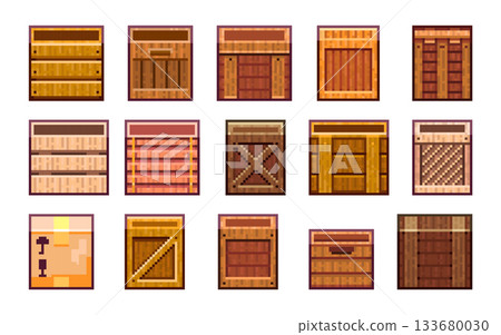 Pixel Art Crates Collection. 8bit Wooden Game Boxes Tileset and Spritesheet Assets for Platformer Levels, Inventory and Retro UI. 133680030