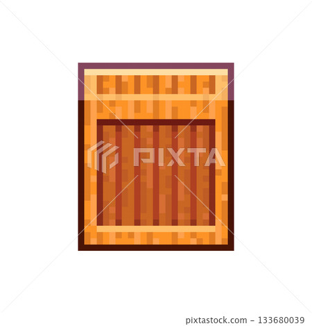 Pixel Art Bright Wooden Crate Icon. Retro 8bit Wooden Game Box Asset with Vertical Planks for Inventory and Platformer Decor. Pixel Art Bright Wooden Crate Icon. Retro 8bit Wooden Game Box Asset with Vertical Planks for Inventory and Platformer Decor. 133680039