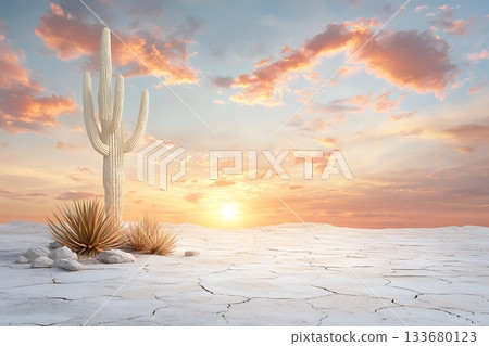 Majestic Cactus Silhouette Against Vibrant Sunset Sky in Desert Landscape 133680123